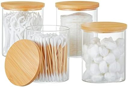 4 Pack Glass Qtip Holder Dispenser Glass Apothecary Jars with Lids Cotton Ball Swab Pad Holder Ba... | Amazon (US)