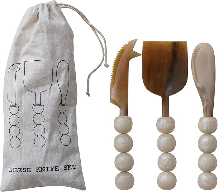 Creative Co-Op 3 pcs Natural Buffalo Horn Cheese Knives with Ball Handles, Cream | Amazon (US)