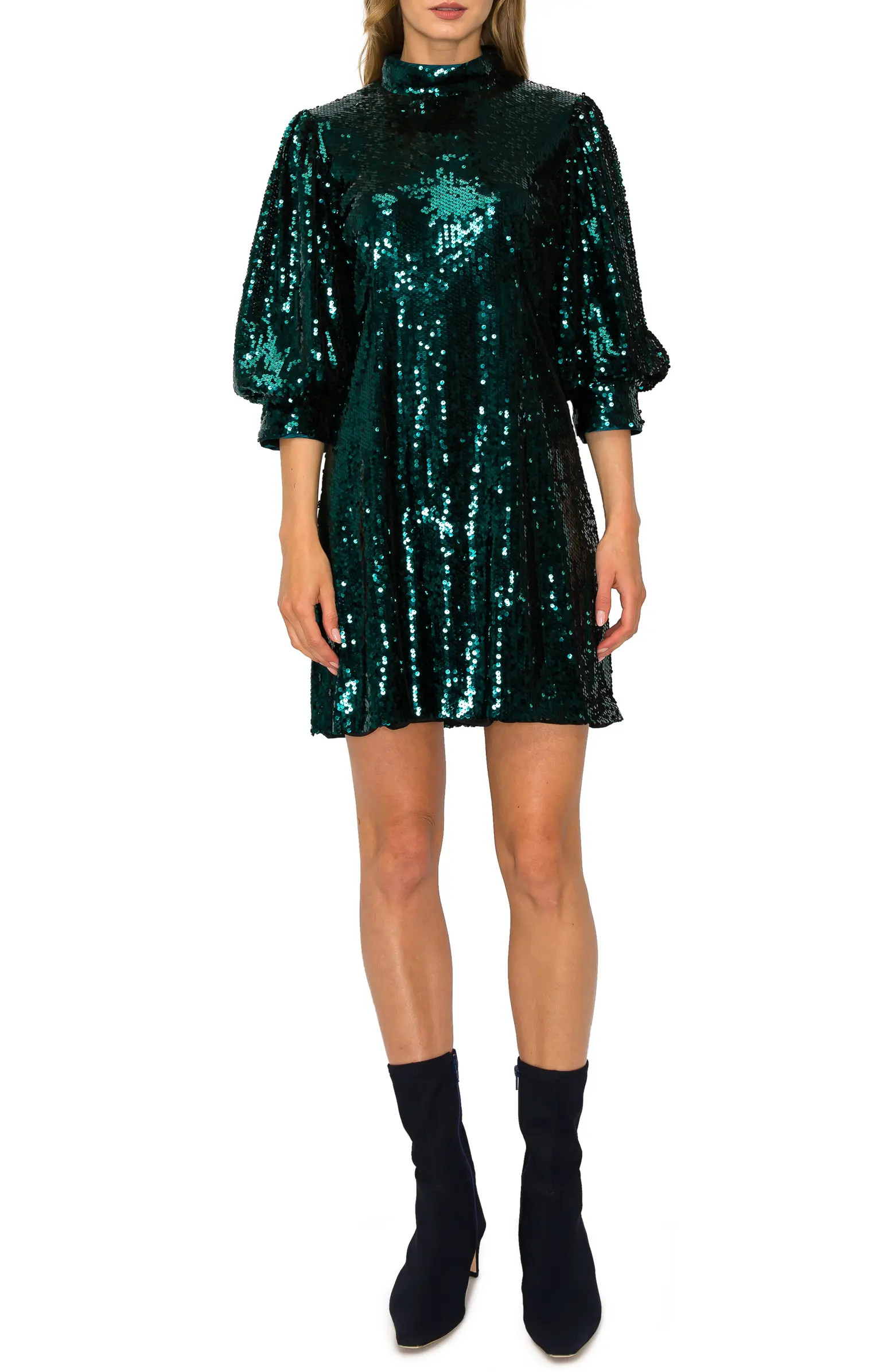 Sequin Mock Neck Puff Sleeve Shift Minidress | Nordstrom