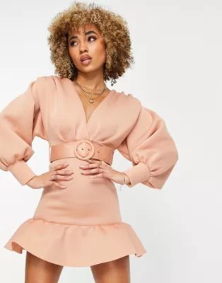 ASOS DESIGN plunge pephem belted mini dress in dusty coral | ASOS (Global)