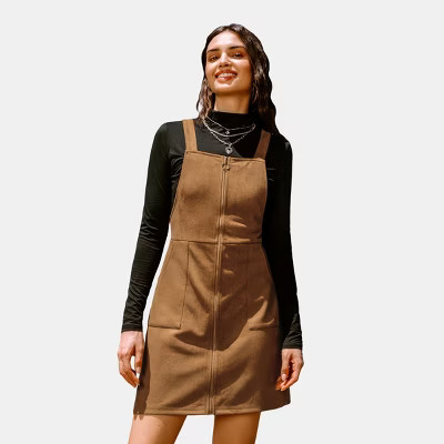 Women's Faux Suede Pull-Ring Zipper Pinafore Mini Dress - Cupshe-S-Orange | Target