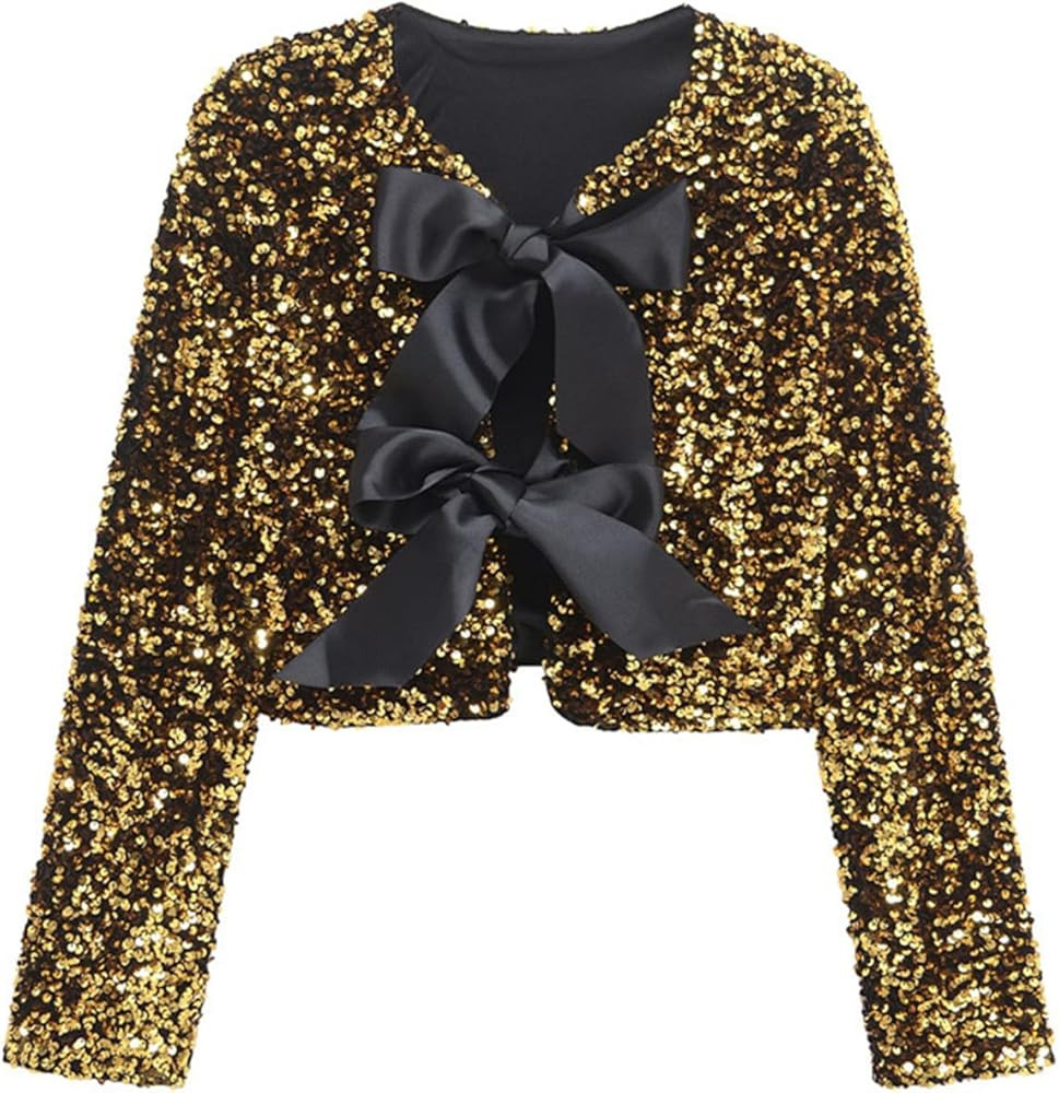 Fronage Cardigans for Women UK Sequin Top Cropped Bow Tie Front Buttons Long Sleeve Sparkly Ladie... | Amazon (UK)