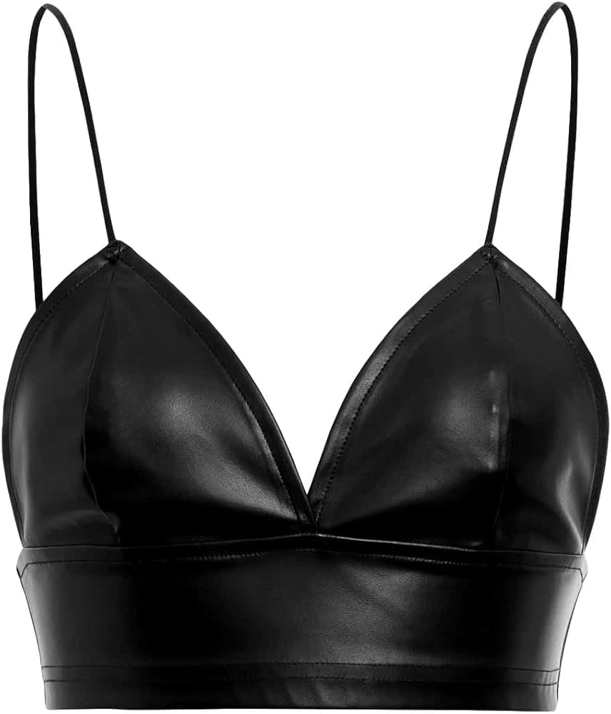 OYOANGLE Women's PU Leather V Neck Cami Crop Top Spaghetti Strap Fitted Camisole Party Going Out ... | Amazon (US)