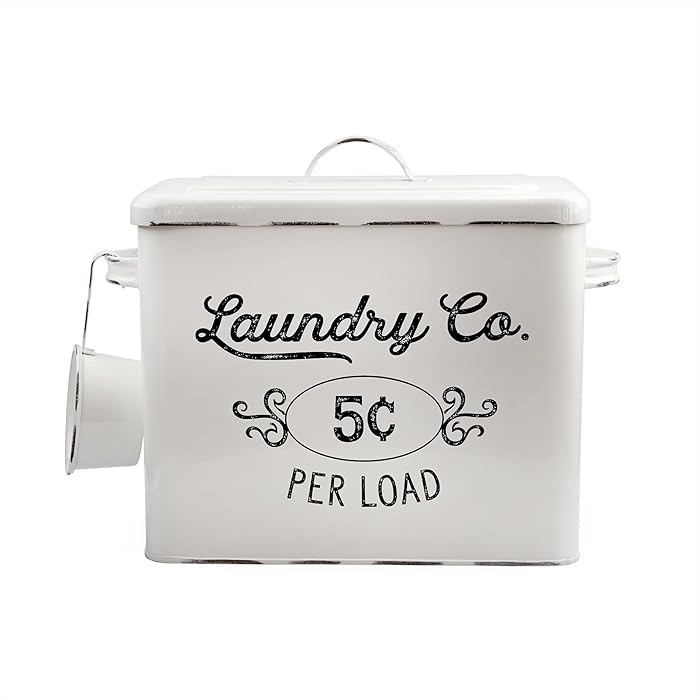 AuldHome Design Farmhouse Laundry Powder Container, White Enamelware Detergent Bin w/ Scoop | Amazon (US)