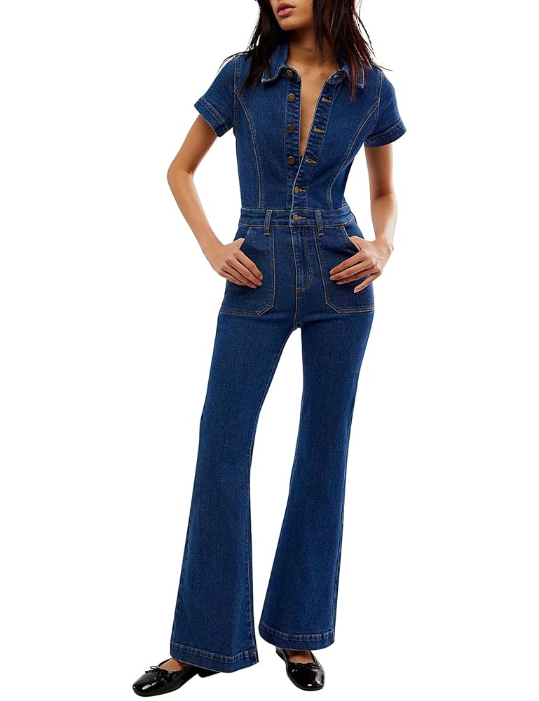 Qazel Vorrlon Denim Jumpsuit for Women Flare Wide Leg Blue Jean Jumper Short Sleeve Button Stretc... | Amazon (US)