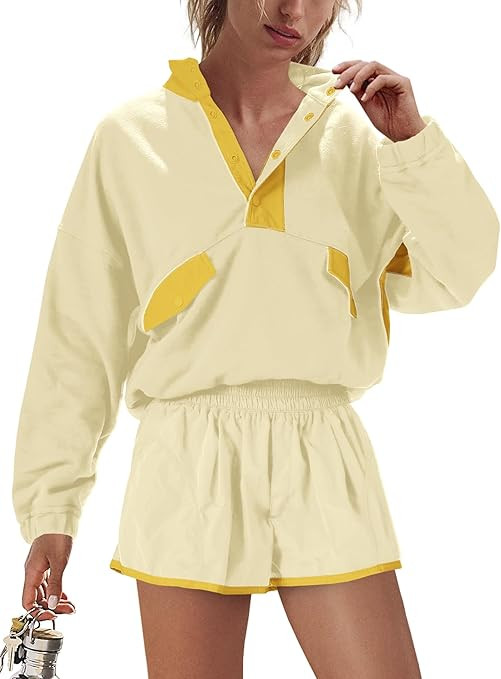 LAMISSCHE Work out Sets Gym for Women Sweatsuits 2 Piece Set Long Sleeve Top & Shorts Active Wear... | Amazon (US)