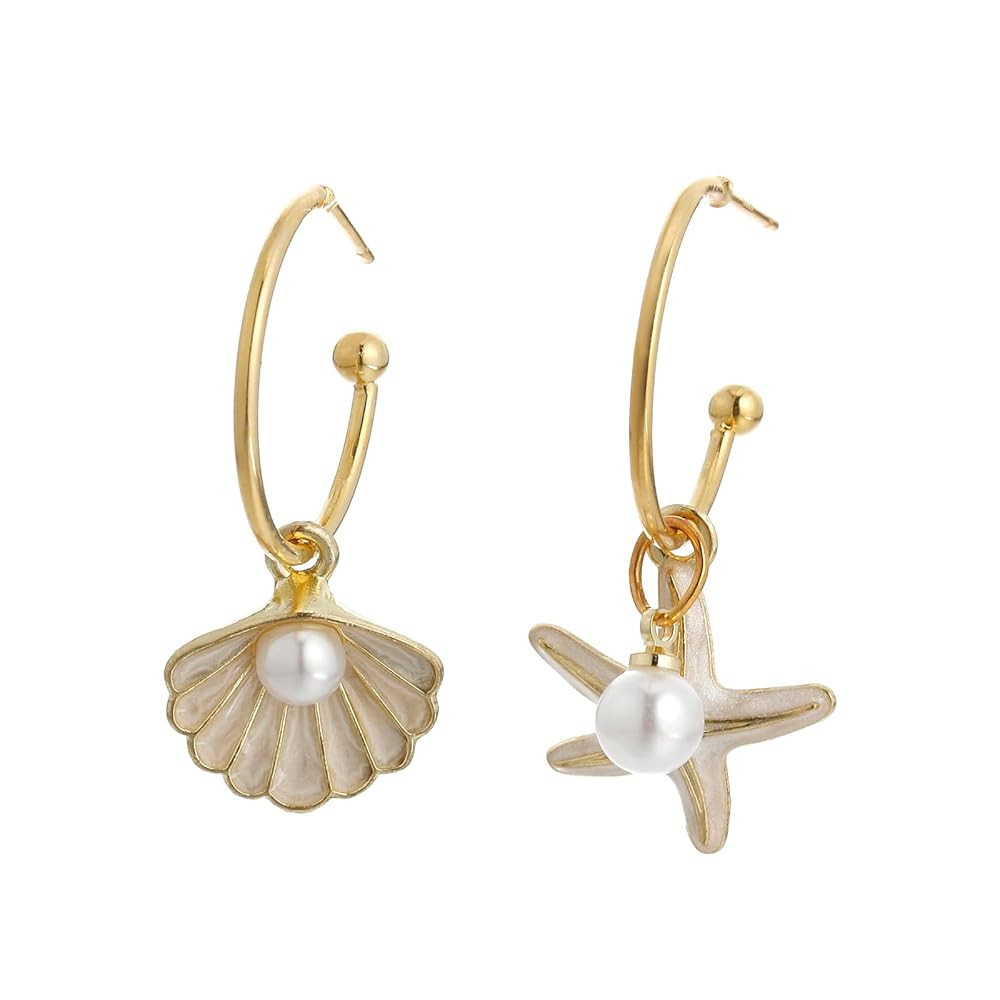 Shell Hoop Earrings, Asymmetric Shell and Starfish Earrings Seashore Hoop Earrings Beach Jewelry | Amazon (US)