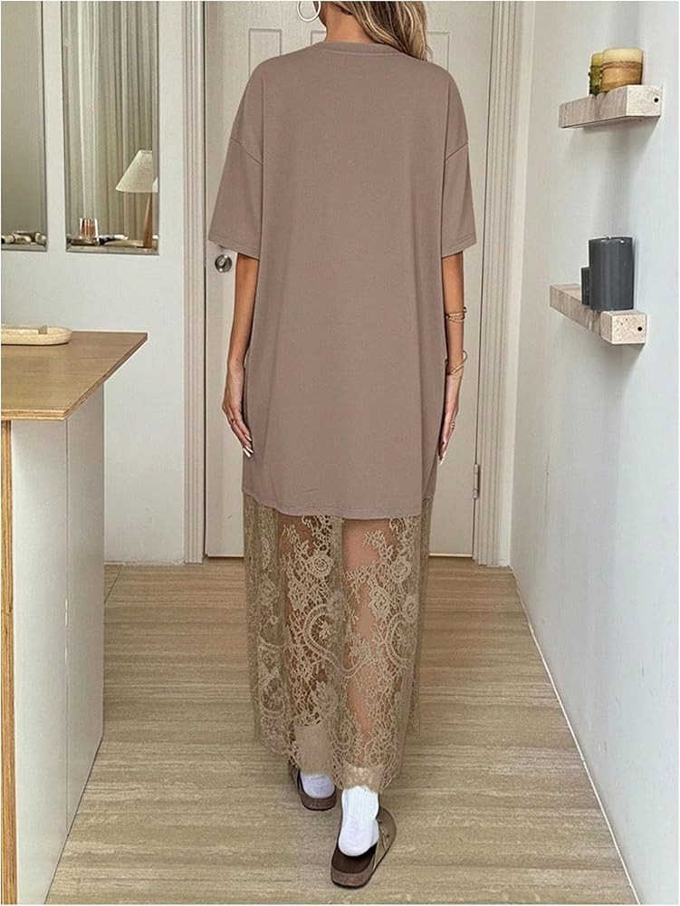 Amazon.com: GORGLITTER Women's Lace Maxi Dresses Boho Short Sleeve Crew Neck Concert Birthday Party Vacation Summer T Shirt Dress Khaki Large : Clothing, Shoes & Jewelry | Amazon (US)