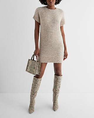Boucle Crew Neck Mini Shift Sweater Dress | Express