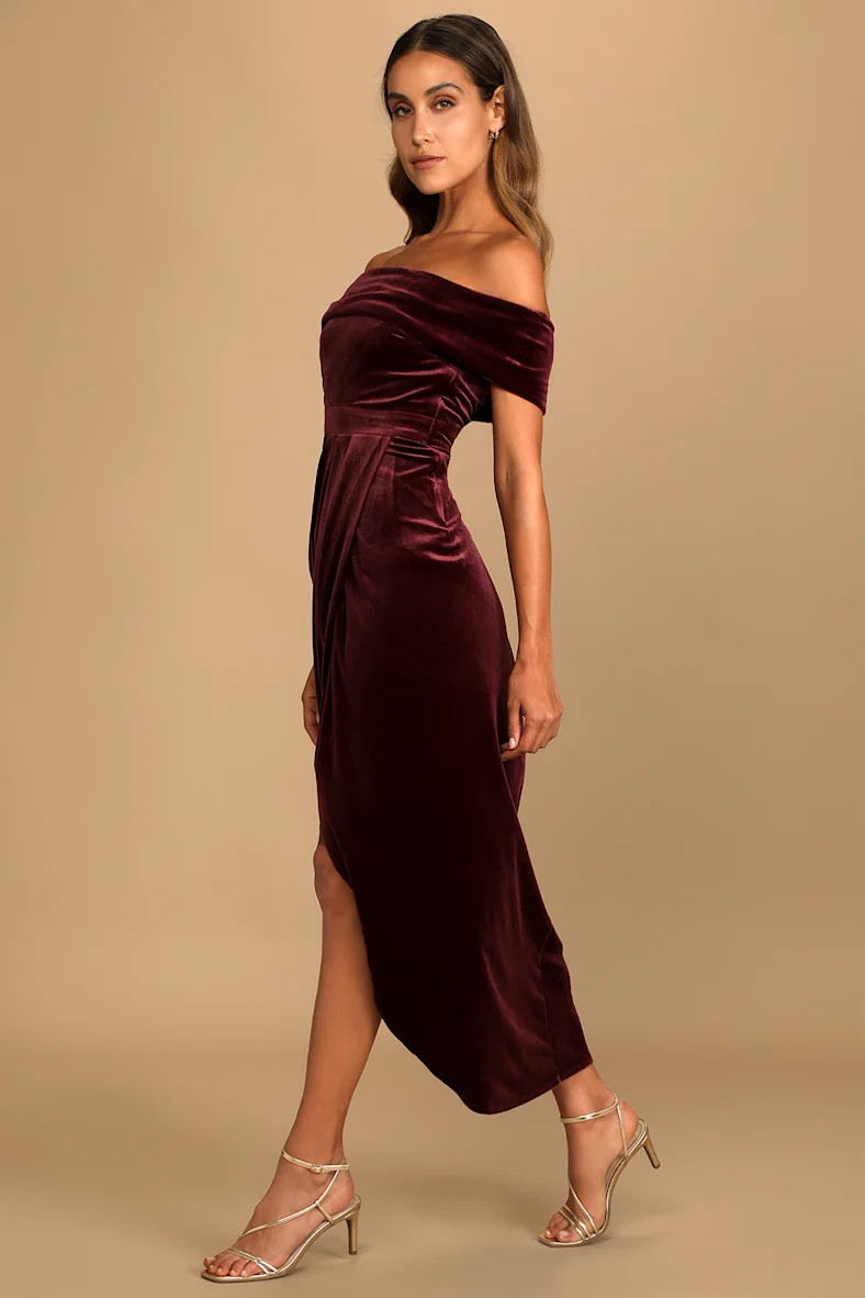 I'm Enchanted Burgundy Velvet Off-the-Shoulder Maxi Dress | Lulus