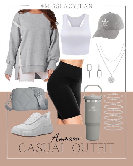 Spring outfit includes crew neck sweatshirt, whit cropped tank, baseball cap, biker shorts, sneakers, crossbody bag, Stanley cup, silver jewelry.

Amazon finds, casual outfit, spring outfit, work from home outfit

#LTKstyletip #LTKshoecrush #LTKtravel
