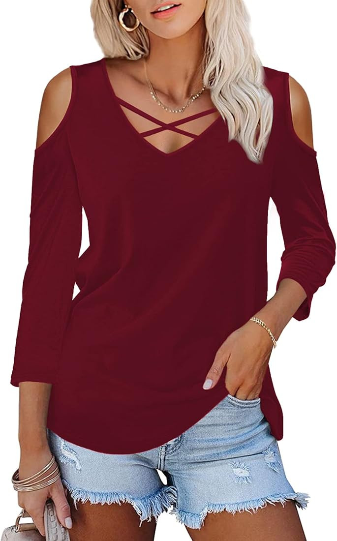 Amoretu Womens Summer Shirts V Neck Criss Cross Cold Shoulder Tops Blouse | Amazon (US)