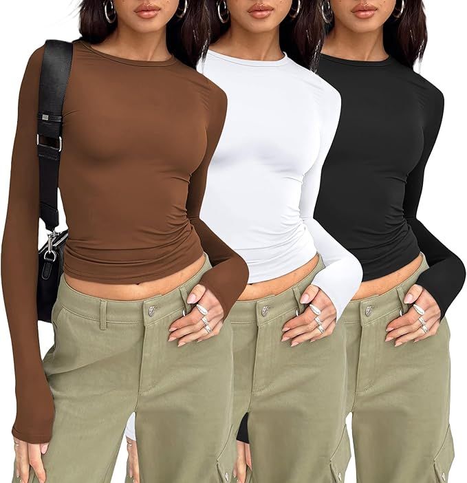 AUTOMET Womens 3 Pack Long Sleeve Shirts Basic Crop Tops Going Out Fall Fashion Underscrubs Layer... | Amazon (US)