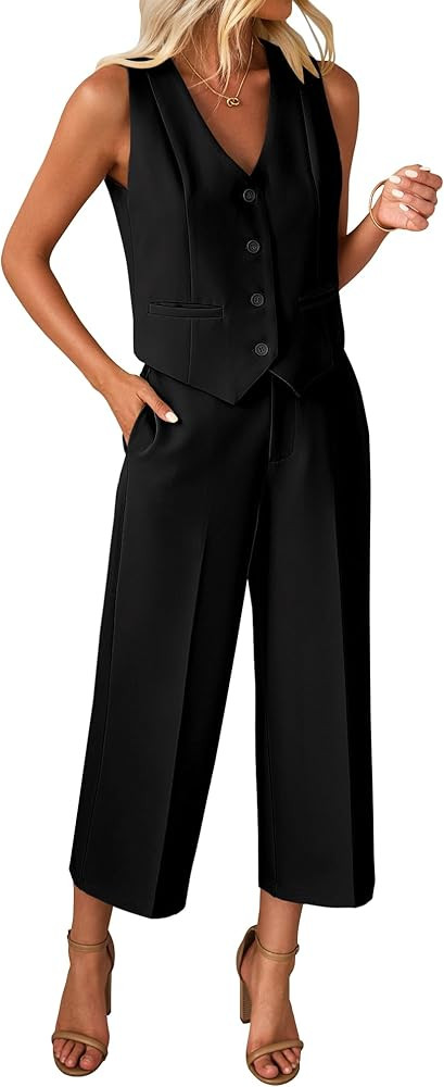 luvamia Pant Suits for Women Dressy Casual 2 Piece Sets Sleeveless Blazer Vest with Wide Leg Capr... | Amazon (US)