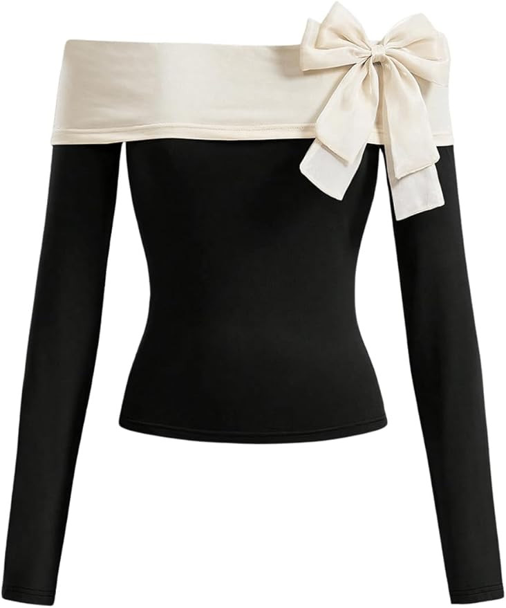GORGLITTER Women's Bow Knot Off The Shoulder Cute Top Colorblock Long Sleeve Folded T Shirt Tops | Amazon (US)