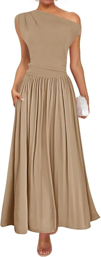 ZESICA Women's Summer 2025 Sleeveless Maxi Dress One Shoulder Casual Slim Swing Pleated Formal Dr... | Amazon (US)