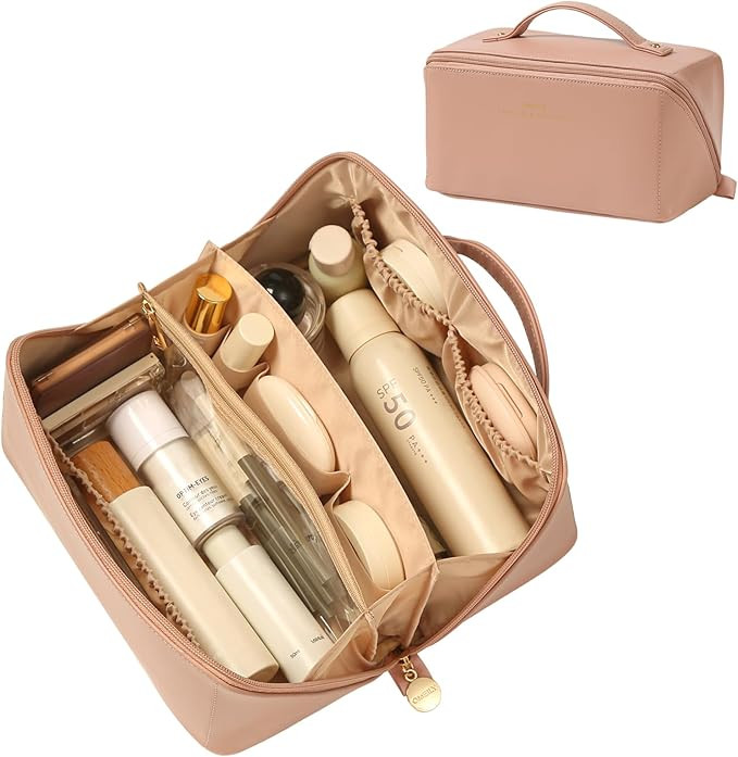 Travel Makeup Bag Toiletry Bag for Women Large Cosmetic Travel Bag Makeup Storage Box Skincare Or... | Amazon (US)