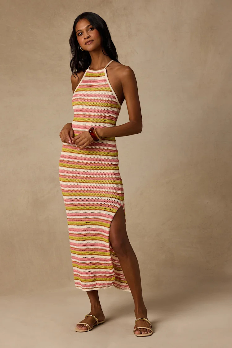 Nalani Pink Multi Striped Crochet Halter Midi Dress | Lulus