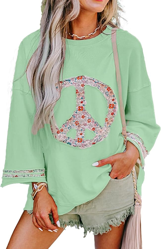 KevaMolly Womens Long Sleeve Tops Floral Peace Symbol Drop Shoulder Sweatshirt Crewneck Casual Pu... | Amazon (US)