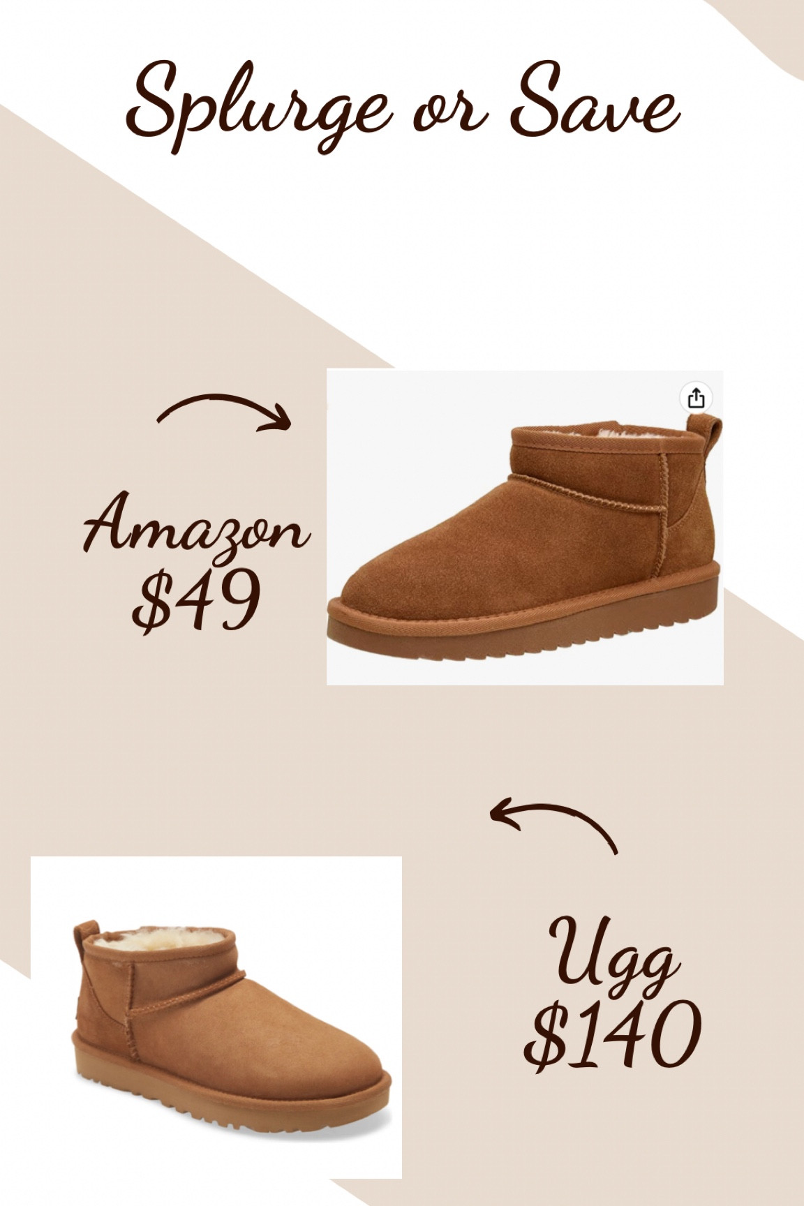Splurge vs save 
Ugg mini 
Ugg 
Ugg dupe 

#LTKstyletip #LTKsalealert #LTKshoecrush