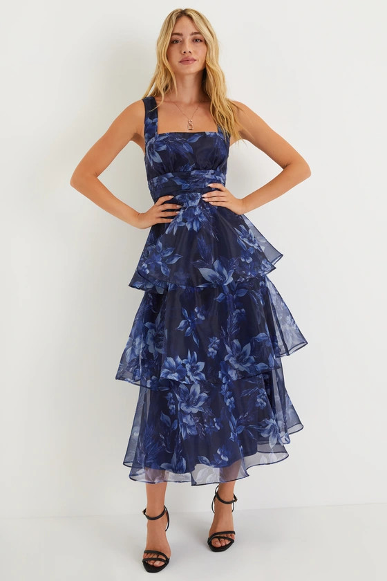 Dramatic Glamour Navy Blue Floral Organza Tiered Midi Dress | Lulus