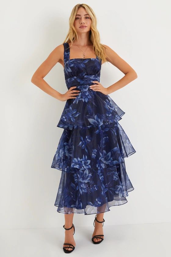 Dramatic Glamour Navy Blue Floral Organza Tiered Midi Dress | Lulus (US)