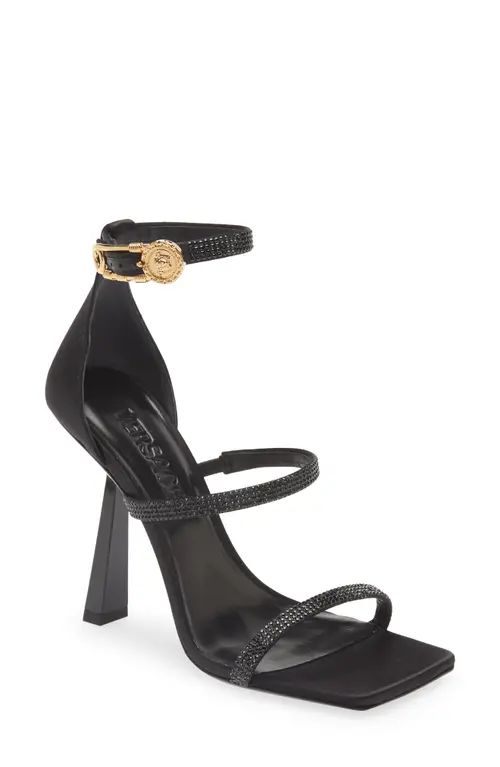 Versace Crystal Embellished Ankle Strap Sandal in Black-Versace Gold at Nordstrom, Size 5Us | Nordstrom