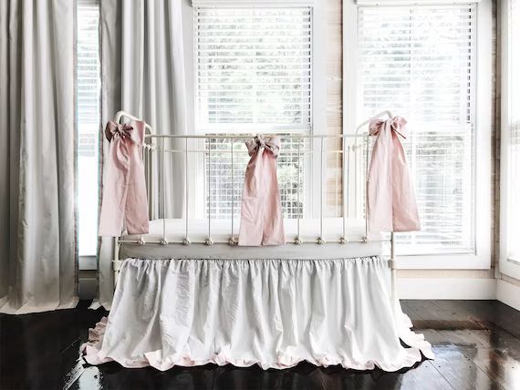 Baby Girl Ruffle Crib Bed Set, White Ruffled Crib Skirt, Pink Crib Bows,  Girl Nursery Bedding | Etsy (US)