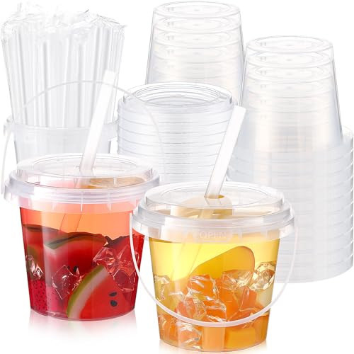 Funnymoom 15 Set 24oz Clear Plastic Drink Buckets with Lids and Straws Disposable Iced Coffee Cups Rum Buckets for Cocktail Parties Smoothie Cup Bulk with Handles for Beach Pool Party Supplies | Amazon (US)