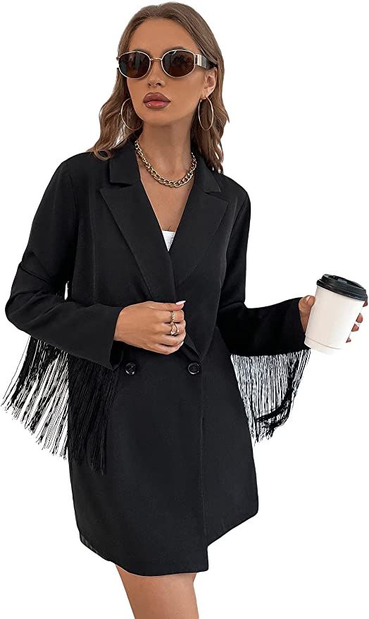 Floerns Women's Fringe Trim Long Sleeve Lapel Collar Neck Blazer Jacket | Amazon (US)
