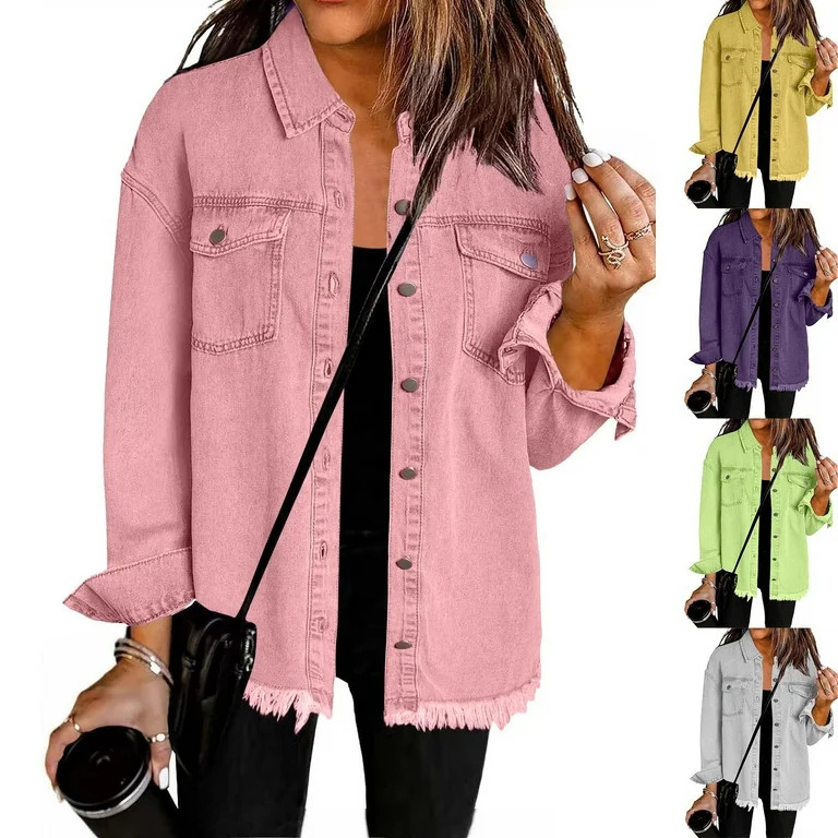 Bovxnpu Denim Jacket for Women, Oversized Button Down Casual Jean Shacket Jackets Long Sleeve Fra... | Walmart (US)