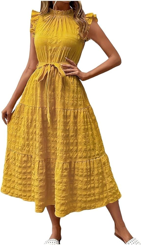 Sleeveless Dresses for Women 2024, Women's Casual Feather V Neck Retro Long Dress Vacation Beach ... | Amazon (US)