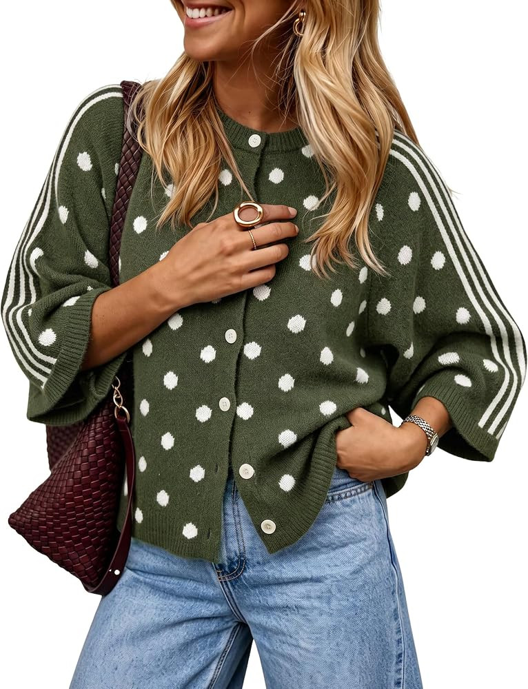 Yidarer Womens Oversized Polka Dot Cardigan Sweater Contrast Striped Sleeve | Amazon (US)