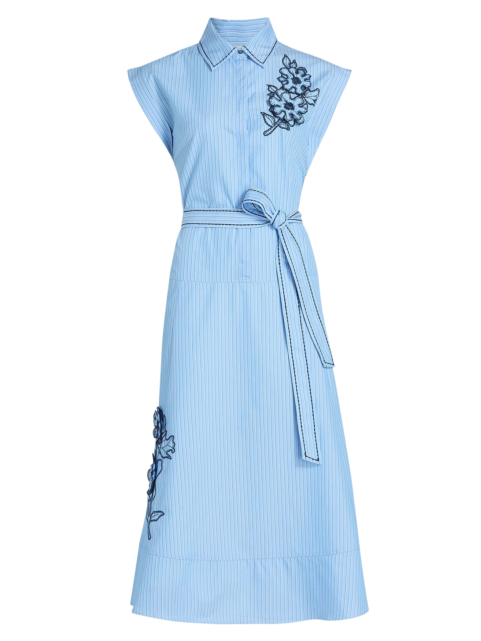 Cinq à Sept Callie Striped Floral Appliqué Belted Midi-Dress | Saks Fifth Avenue | Saks Fifth Avenue