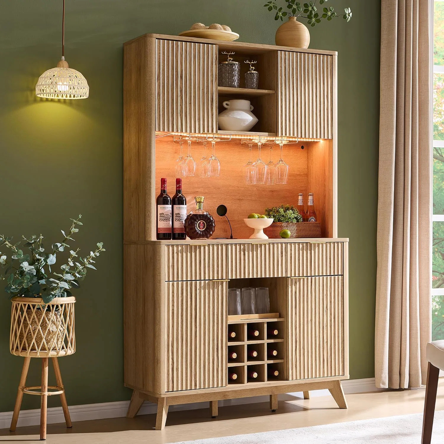 72"H Bar Cabinet with LED Lights, Wine Rack, and Cabinets | Wayfair North America