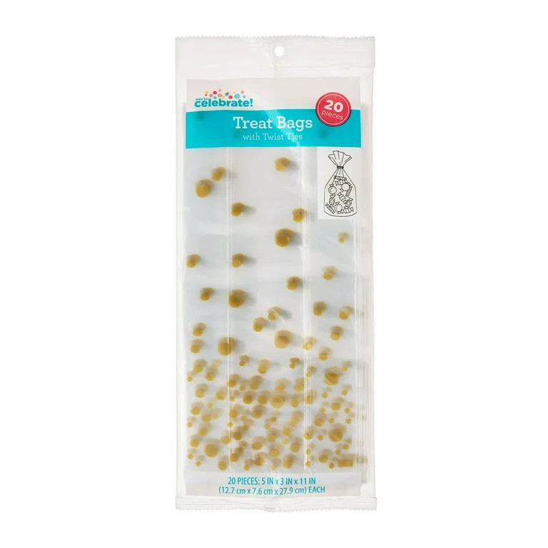 Gold Dot Treat Bags with Twist Ties, 5" x 3" x 11", 20 Count, by Way To Celebrate | Walmart (US)