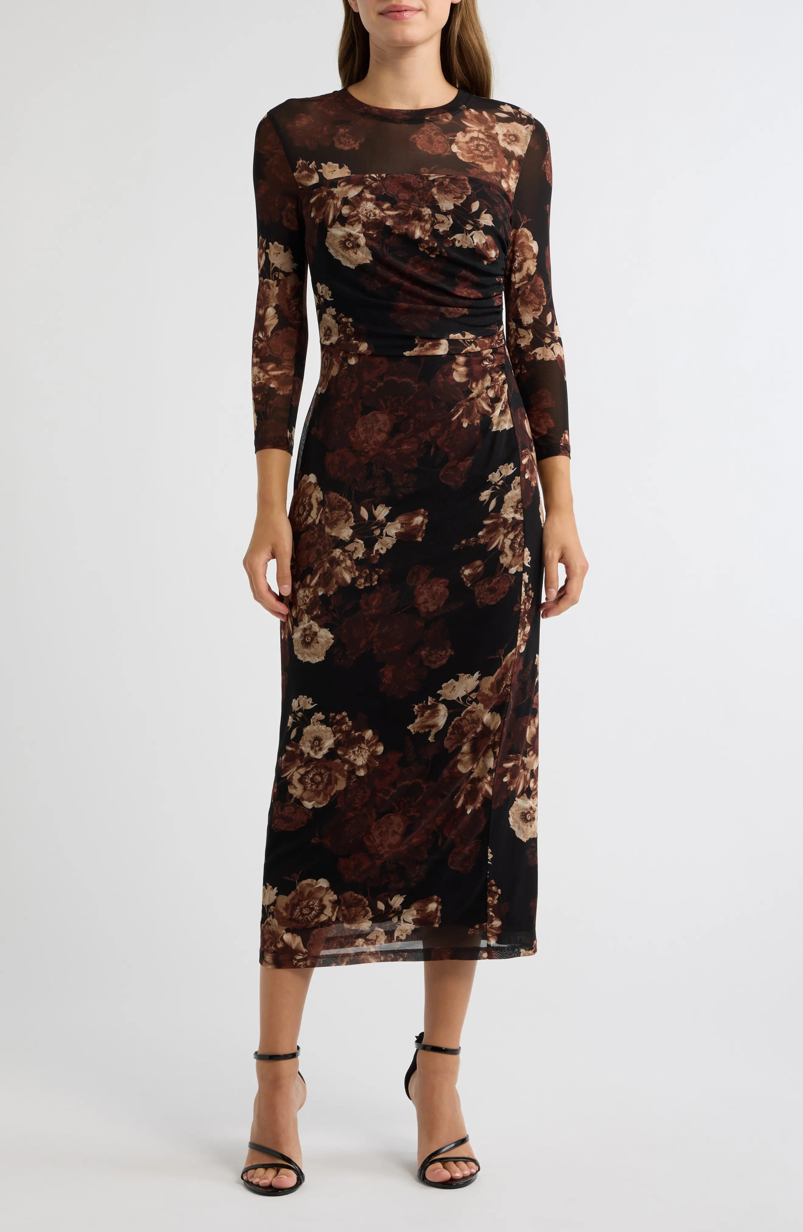 AK ANNE KLEIN Printed Mesh Midi Dress in Deep Mahogany Multi at Nordstrom, Size Small | Nordstrom