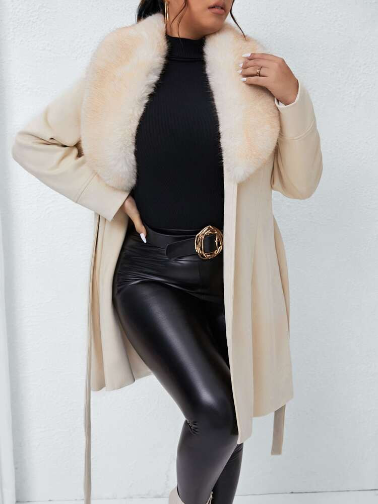 Plus Borg Collar Belted Faux Suede Coat | SHEIN