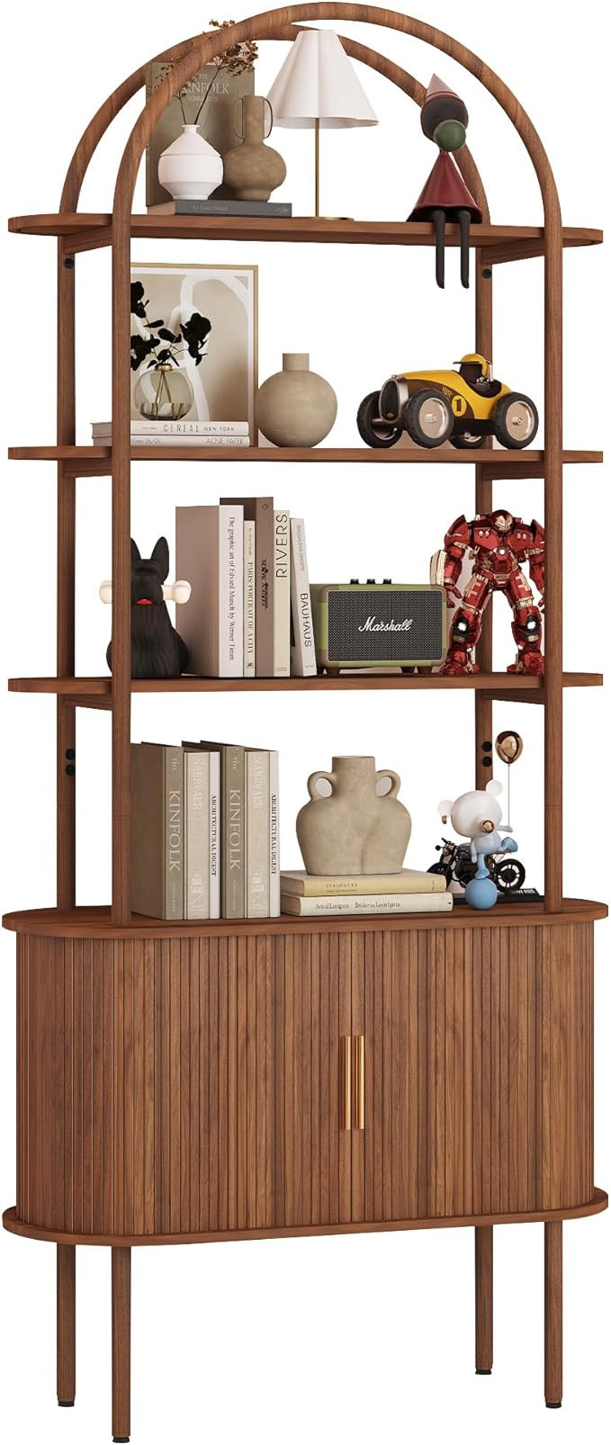 71" Tall Fluted Arched Bookshelf with Sliding Tambour Doors, Mid Century Modern Curved Bookshelf ... | Amazon (US)