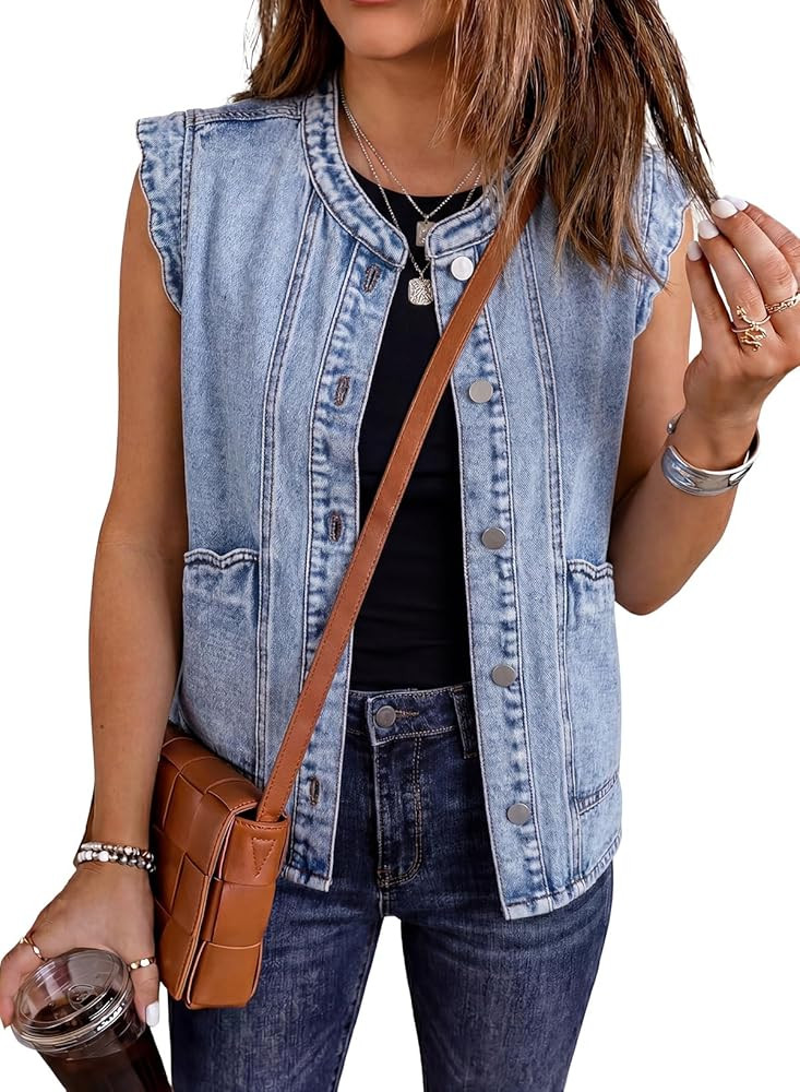 EVALESS Womens Casual Summer Denim Waistcoats Sleeveless Button Down Jean Vest Tops Trendy Crewne... | Amazon (US)