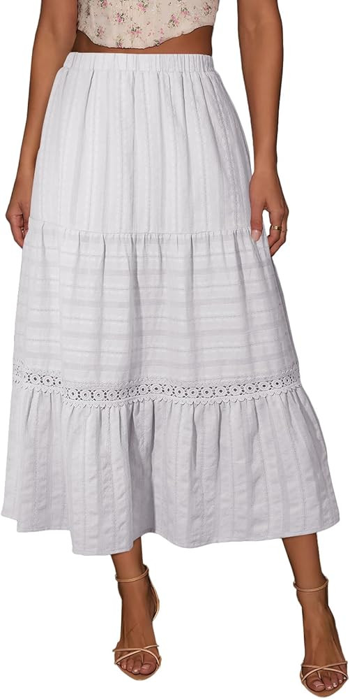 BLENCOT Womens Long Skirts Boho Elastic High Waisted Crochet Lace A-Line Tiered Flowy Maxi Skirt ... | Amazon (US)