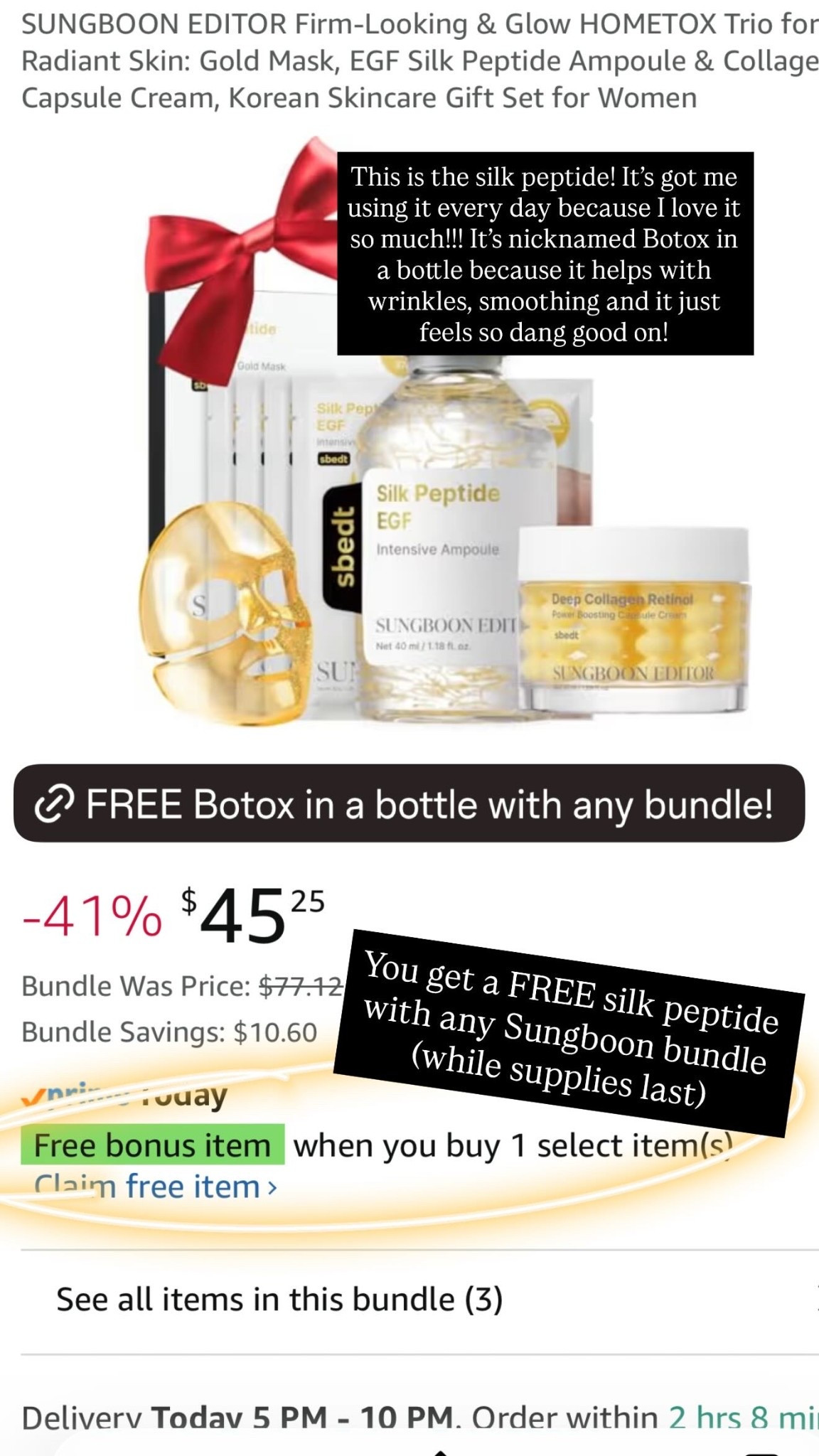 You get a FREE silk peptide with any Sungboon bundle (while supplies last) This is the silk peptide! It’s got me using it every day because I love it so much!!! It’s nicknamed Botox in a bottle because it helps with wrinkles, smoothing and it just feels so dang good on!