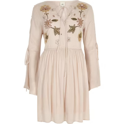 River Island Womens Pink embroidered flared sleeve smock dress | River Island (US)