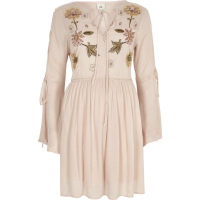 River Island Womens Pink embroidered flared sleeve smock dress | River Island (US)