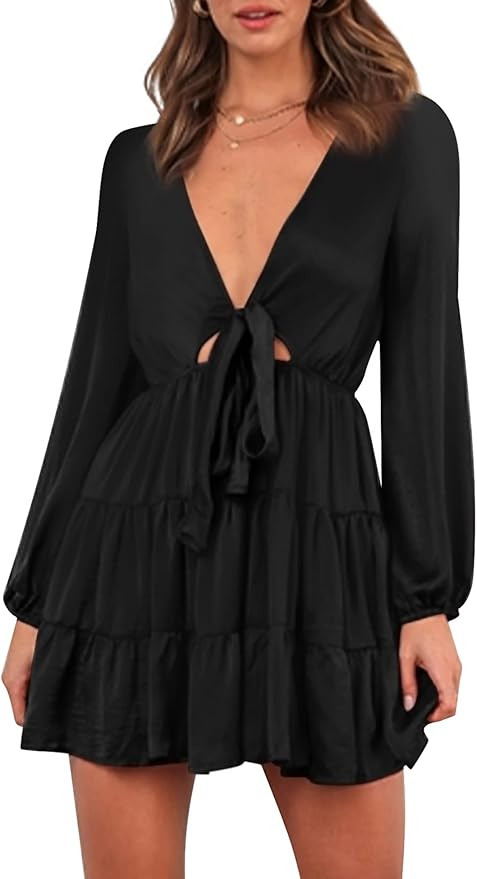 AIMCOO Women's Long Sleeve Tie Knot Front Solid Dress Deep V Neck Elastic Waist Tiered Frill Ruff... | Amazon (US)
