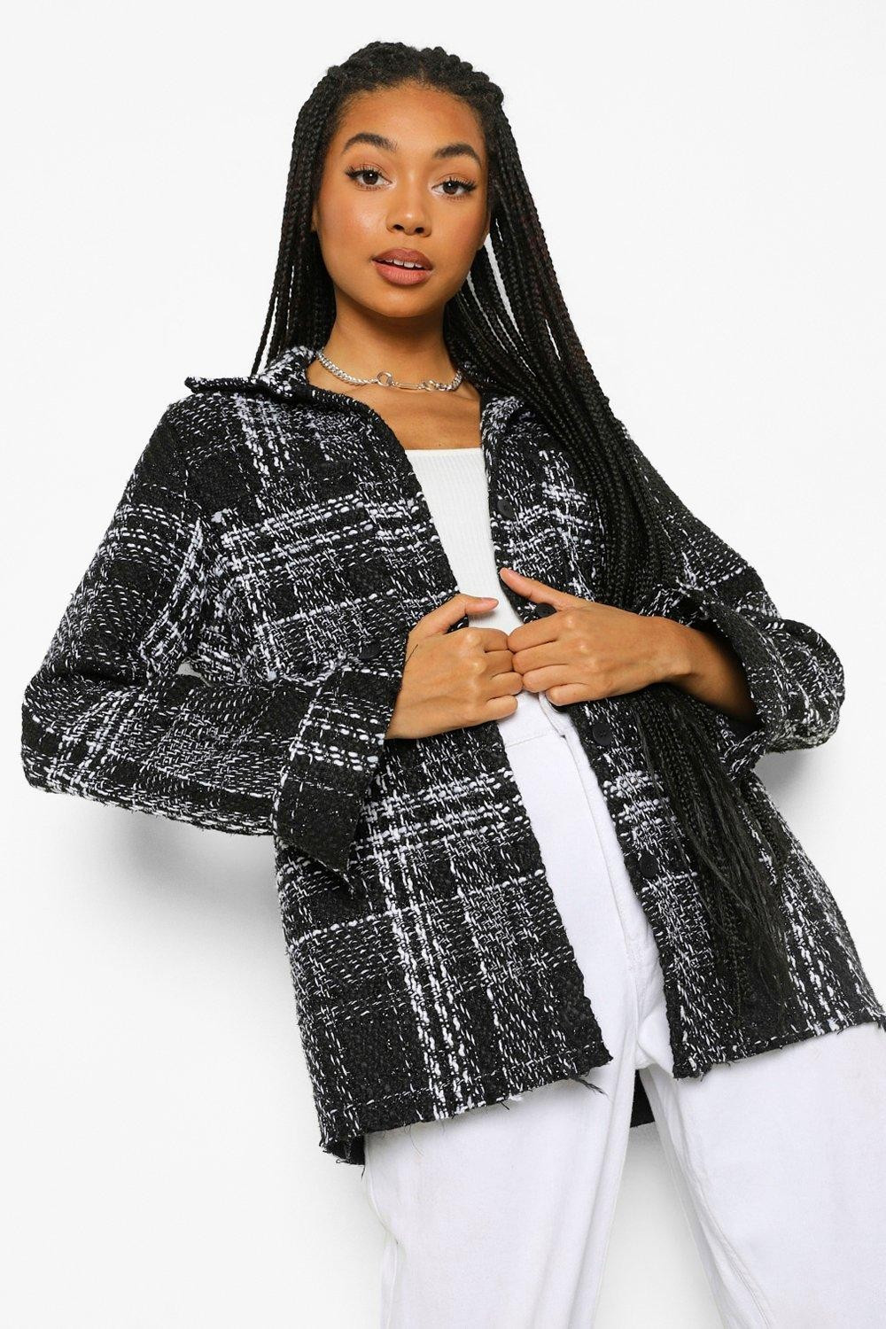 Womens Boucle Frayed Hem Shacket - Black - 4 | Boohoo.com (US & CA)