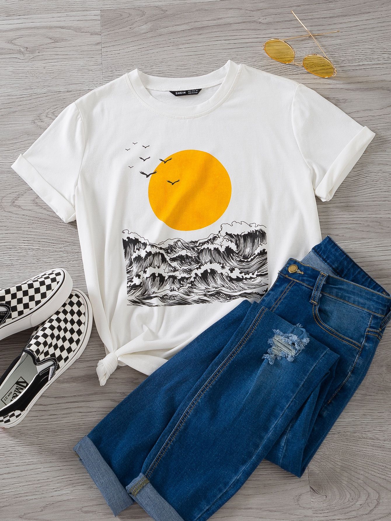 Wave And Sun Print Tee | SHEIN