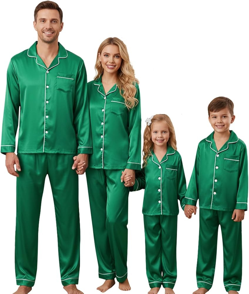 Weixinbuy Matching Family Christmas Pajamas 2025 Silk Satin Long Sleeve Button Down PJs Sets Holi... | Amazon (US)