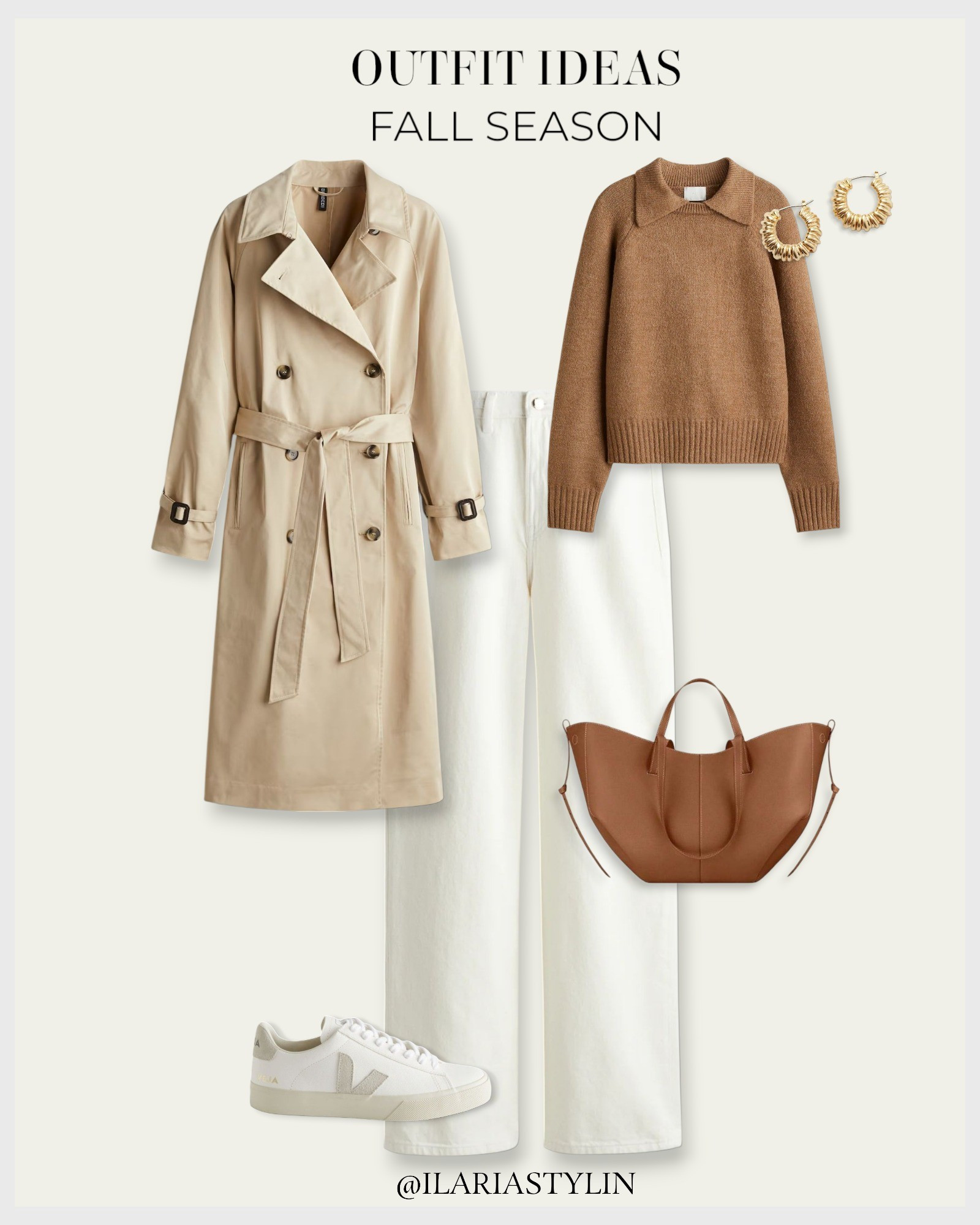 OUTFIT IDEAS: FALL SEASON 🍂 fall fashion, fall outfit, beige trench coat, double breasted trench coat, camel sweater, sweater with collar, white jeans, wide leg jeans, high rise jeans, straight jeans, white sneakers, white shoes, veja campo, camel bag, tan bag, shopper bag, shoulder bag, women fashion

#LTKSeasonal #LTKStyleTip #LTKWorkwear
