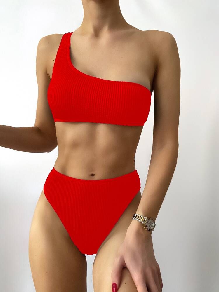 Textured One Shoulder Bikini Swimsuit | SHEIN